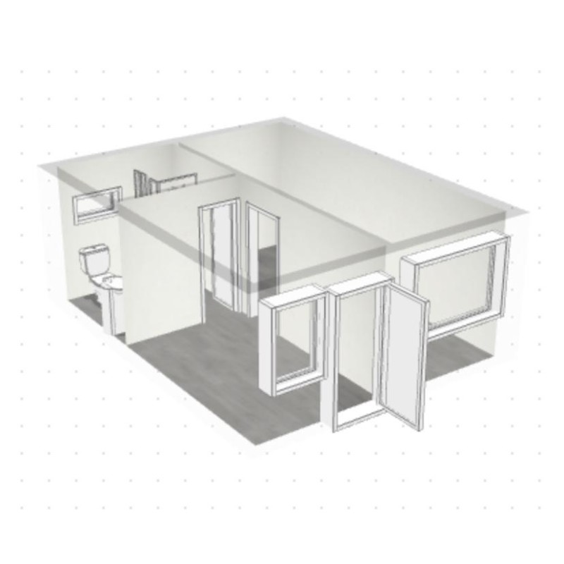 Conversión de oficina individual en dos plantas con baño y aseo, opción de accesorios de cocina (30 m²)