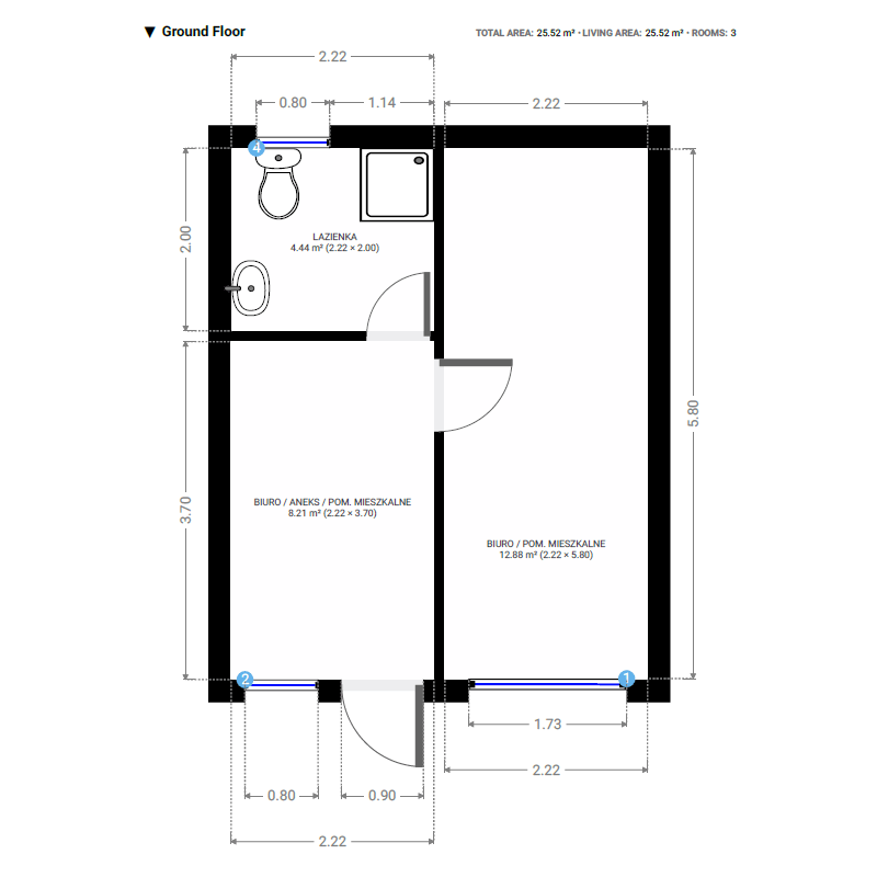 Conversión de oficina individual en dos plantas con baño y aseo, opción de accesorios de cocina (30 m²)
